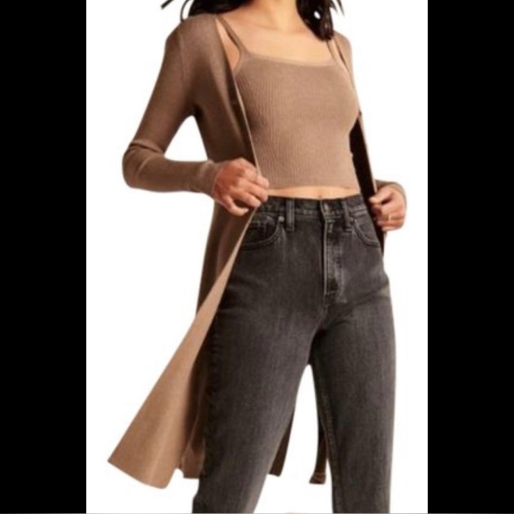 Long Taupe Cardigan & Ribbed Cropped Tank Set - Taupe